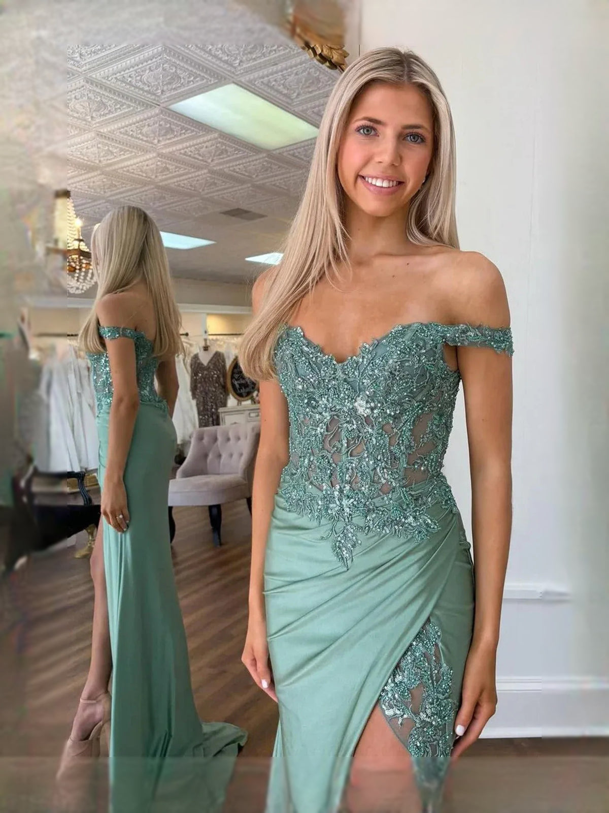 Sage Green floor-length prom dress, alternate view showing the bodice and skirt