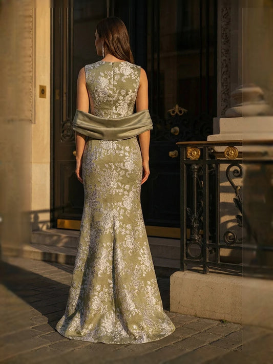 Olive Green floor-length mother of the bride dress, alternate view showing the bodice and skirt