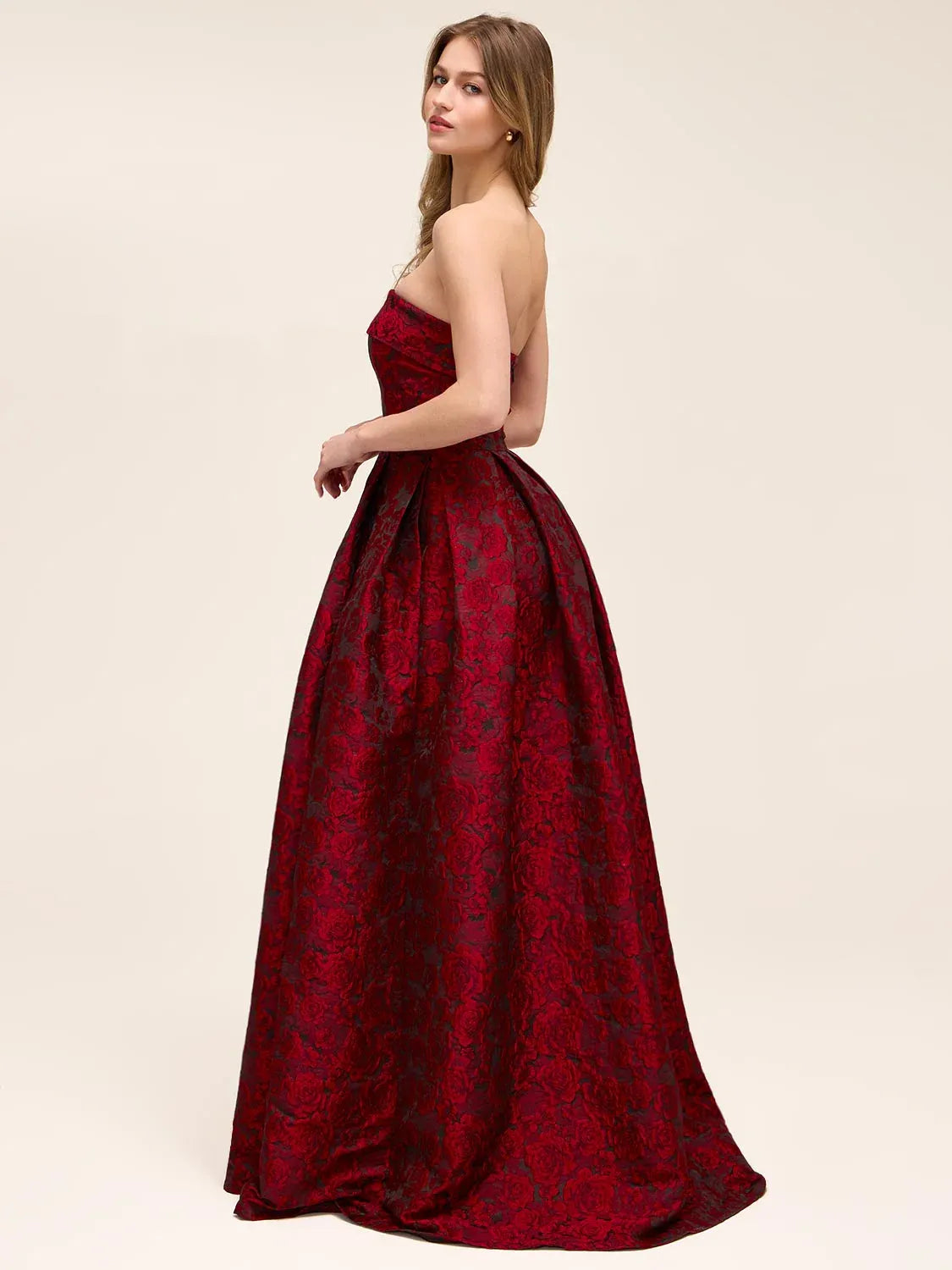 Deep Red a-line floor-length formal dress with skirt slit, alternate view