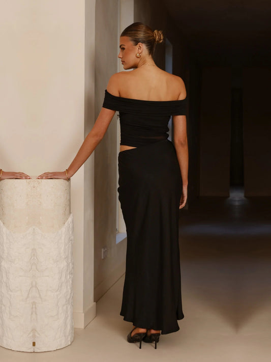 Black sheath maxi formal dress with ruching, full-length back view