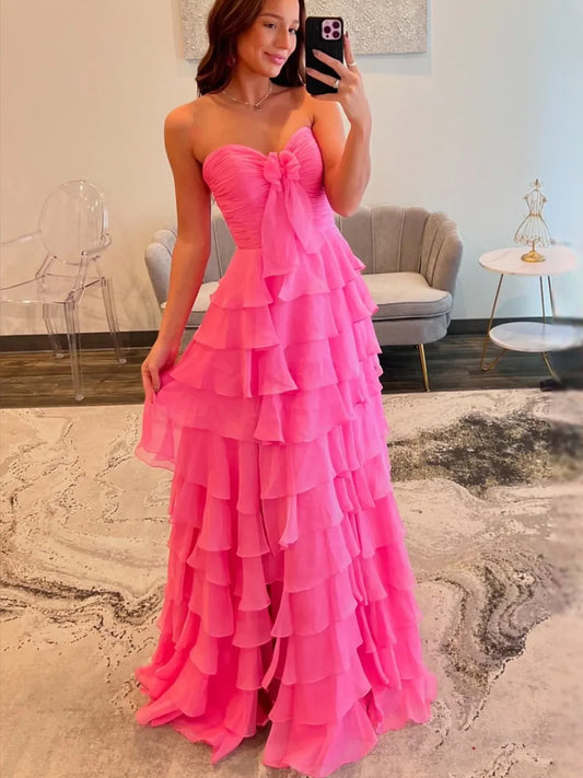 Hot Pink floor-length prom dress, alternate view showing the bodice and skirt