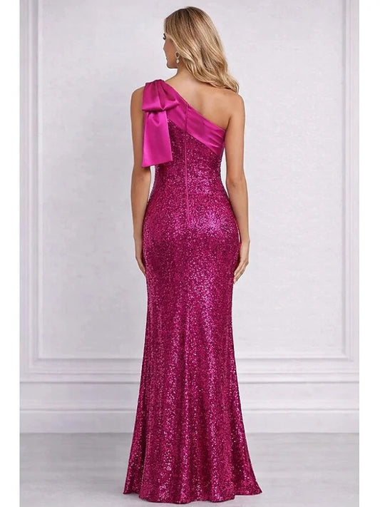 Fuchsia floor-length prom dress, back view showing the rear of the dress