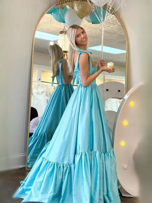 Light Blue floor-length prom dress, back view showing the rear of the dress