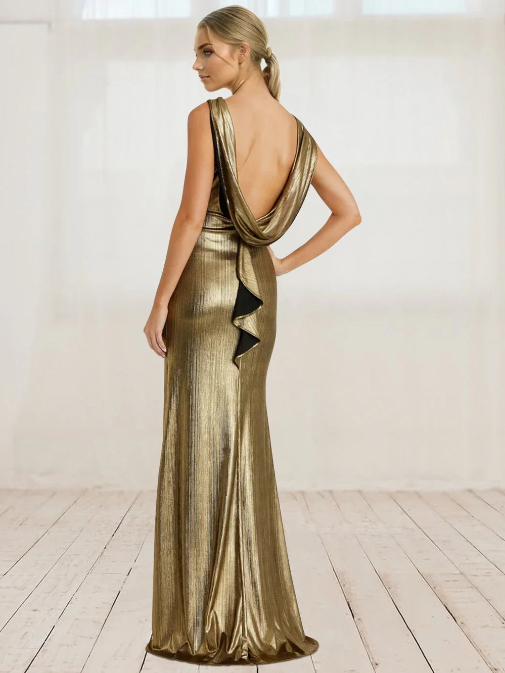 Gold mermaid floor-length formal dress with ruffle details, alternate view