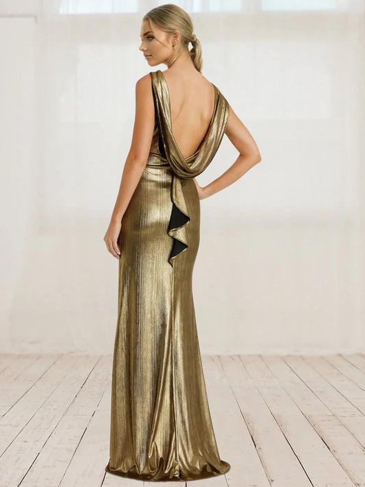 Gold mermaid floor-length formal dress with ruffle details, alternate view