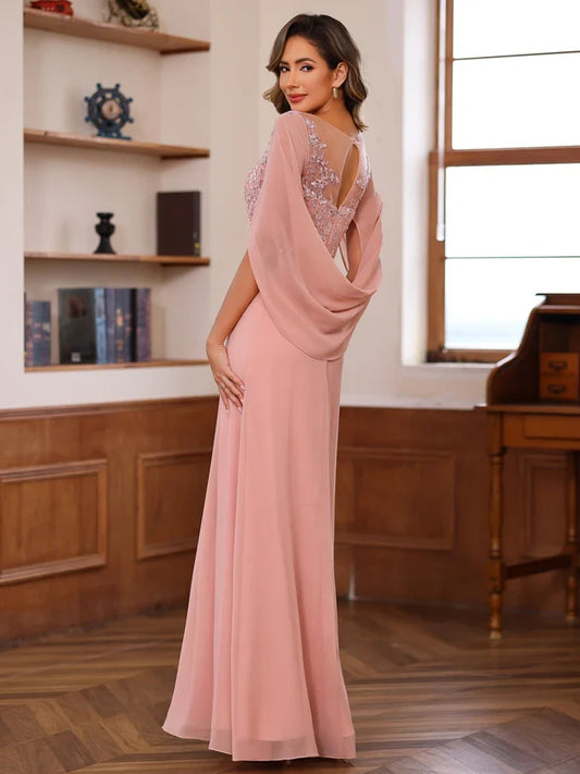 Dusty Pink floor-length mother of the bride dress, alternate view showing the bodice and skirt