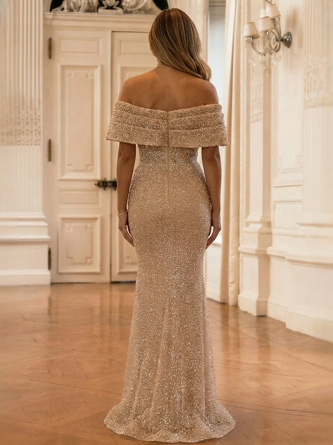 Gold maxi prom dress, alternate view showing the bodice and skirt