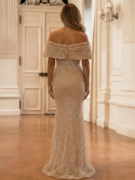 Gold maxi prom dress, alternate view showing the bodice and skirt