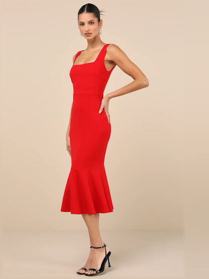 Red midi formal dress with square neckline, alternate view