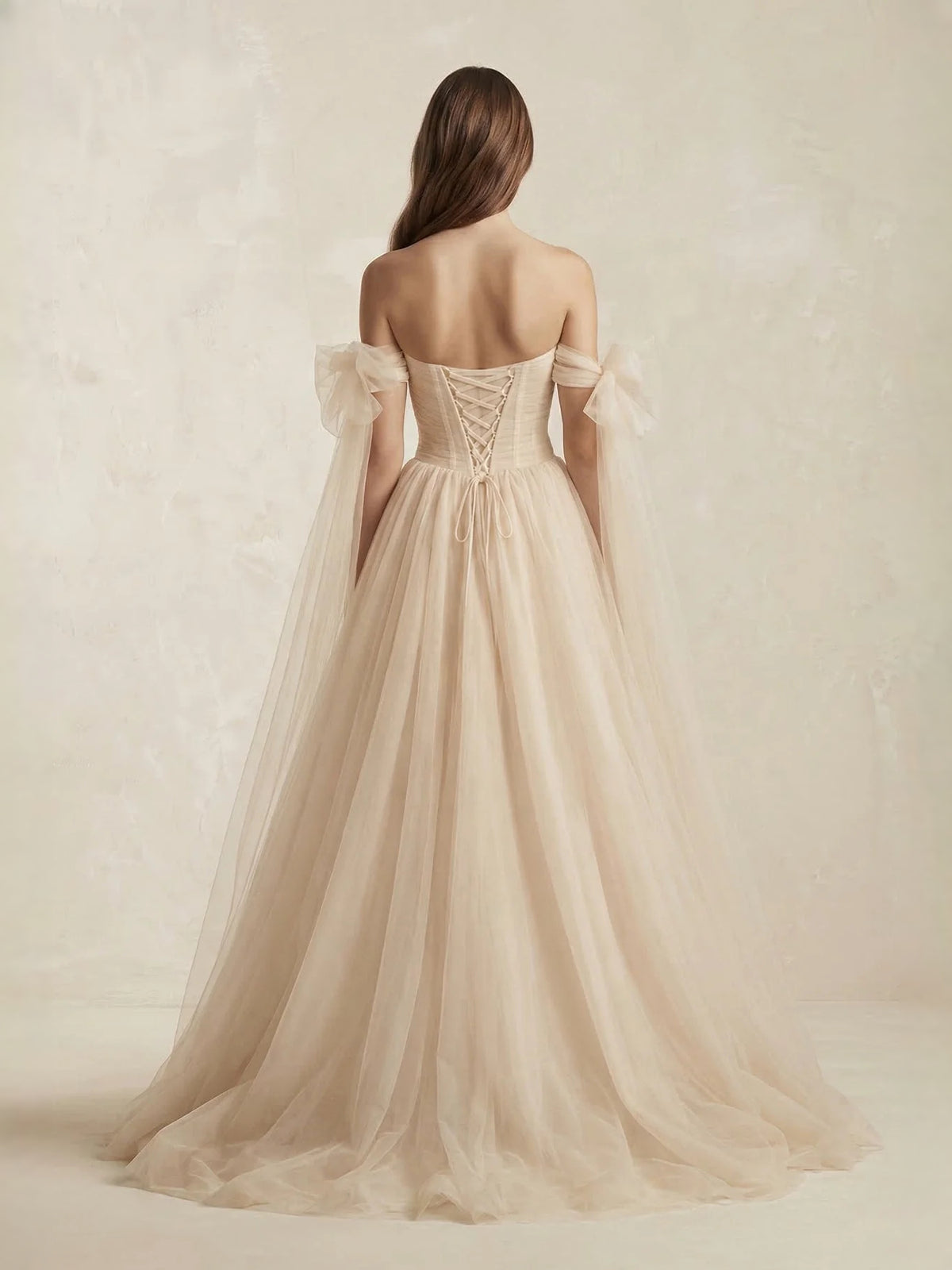 Champagne floor-length prom dress, alternate view showing the bodice and skirt