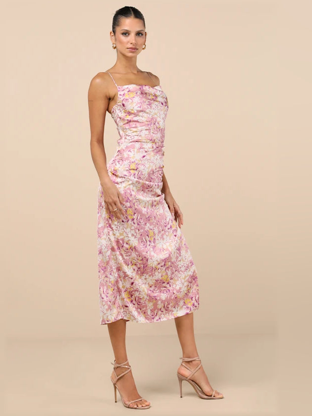 Pink Floral midi formal dress with ruching, alternate view