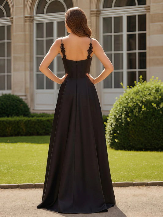 Black maxi prom dress, alternate view showing the bodice and skirt