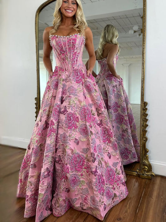 Fuchsia maxi prom dress, alternate view showing the bodice and skirt