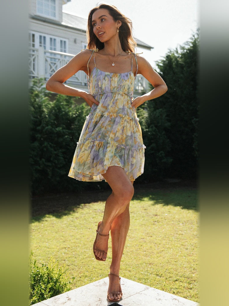Floral mini homecoming dress, alternate view showing the bodice and skirt
