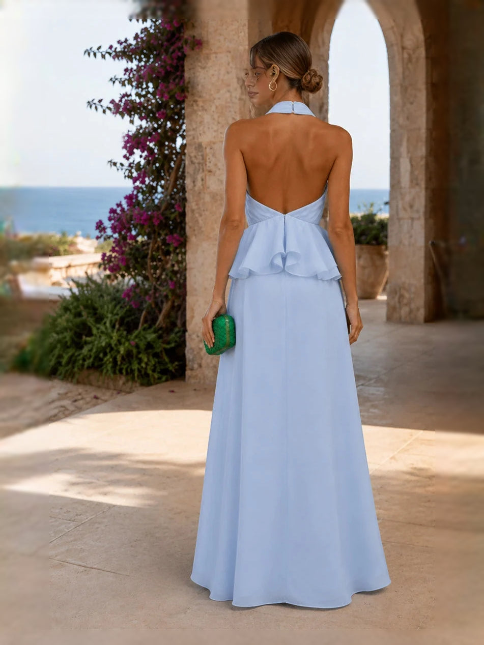 Sky Blue maxi bridesmaid dress, alternate view showing the bodice and skirt