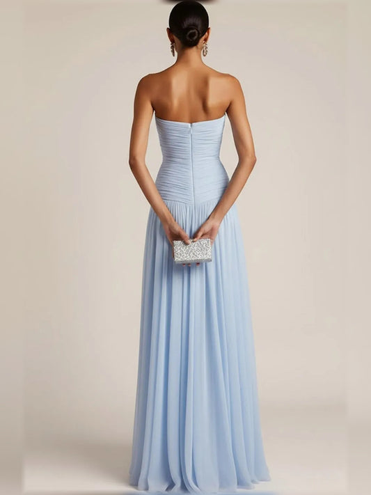 Light Blue a-line floor-length formal dress with ruching, alternate view