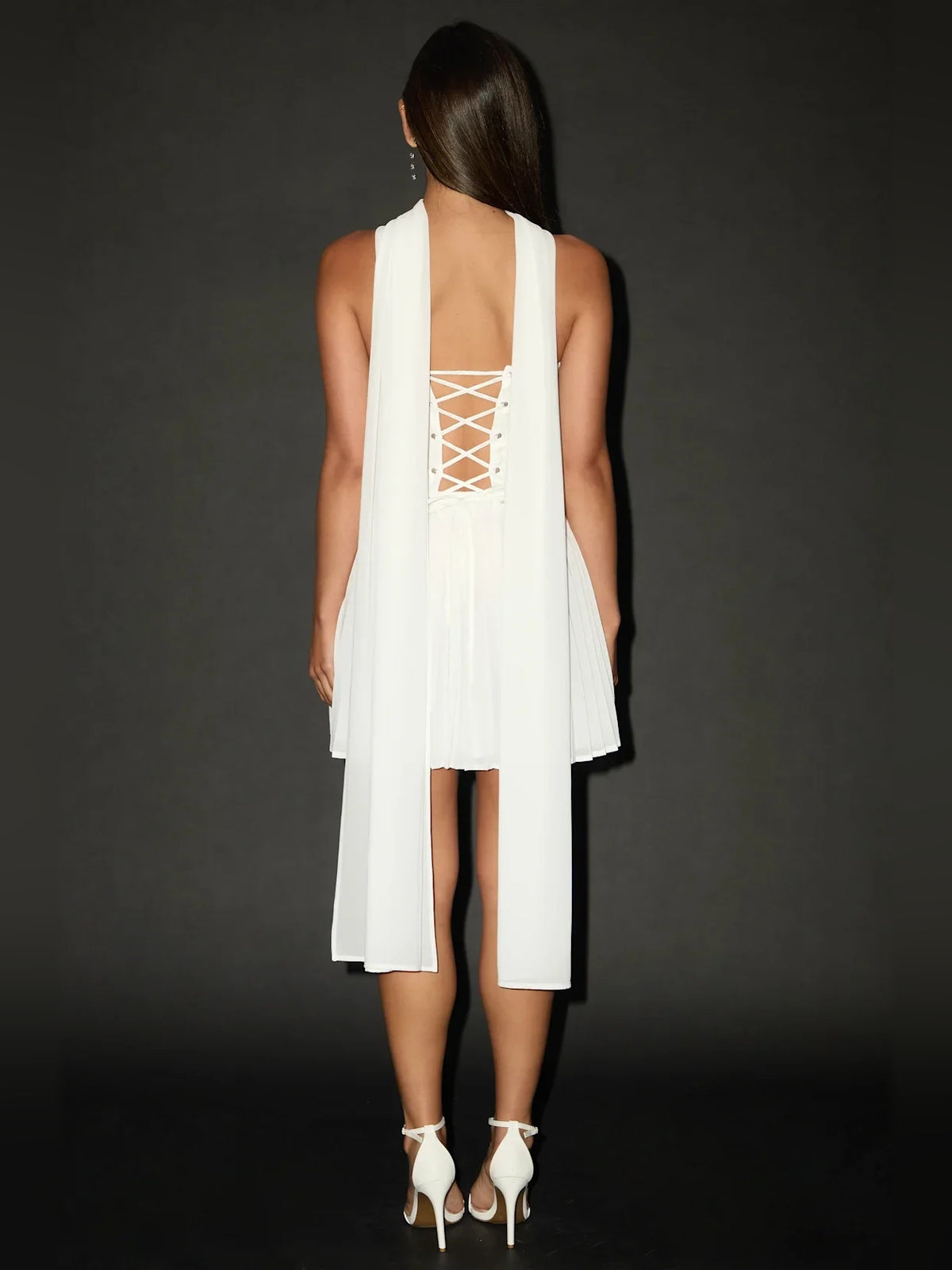 Ivory white mini homecoming dress, back view showing the rear of the dress