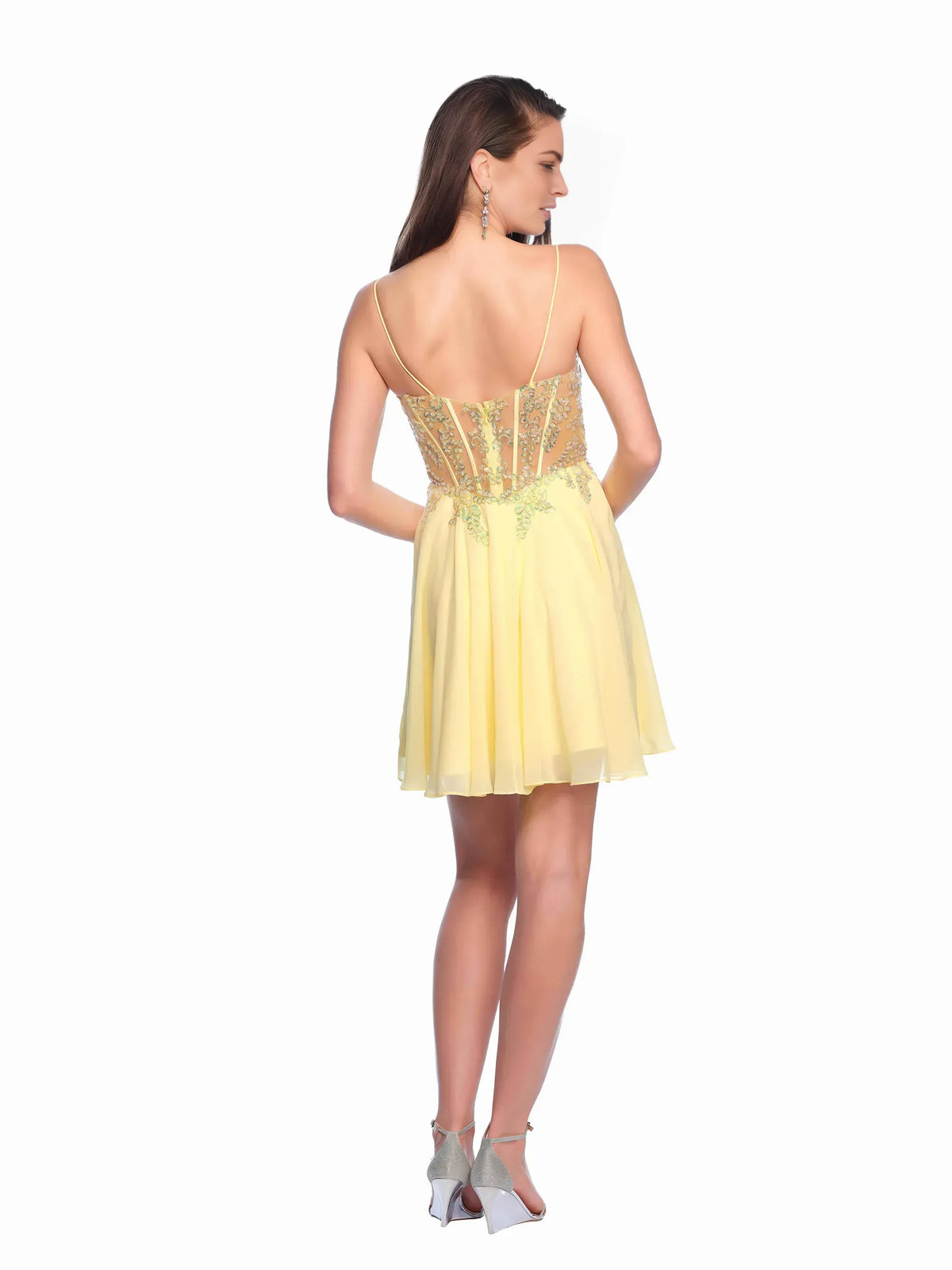 Lemon short homecoming dress, back view showing the rear of the dress