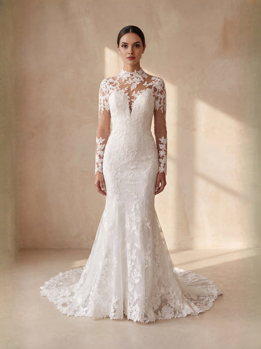 Ivory floor-length wedding dress, alternate view showing the bodice and skirt