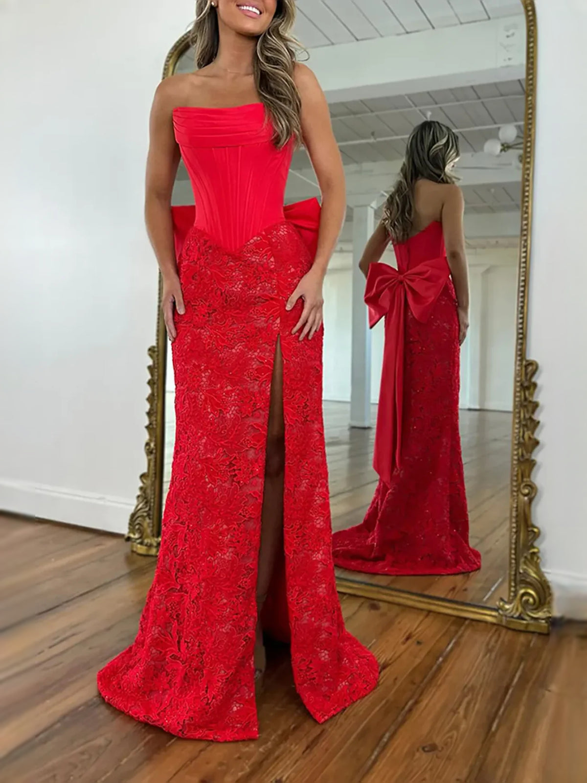 Red floor-length prom dress, alternate view showing the bodice and skirt