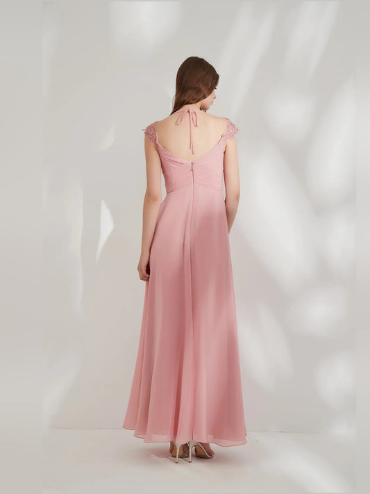 Pink floor-length bridesmaid dress, alternate view showing the bodice and skirt