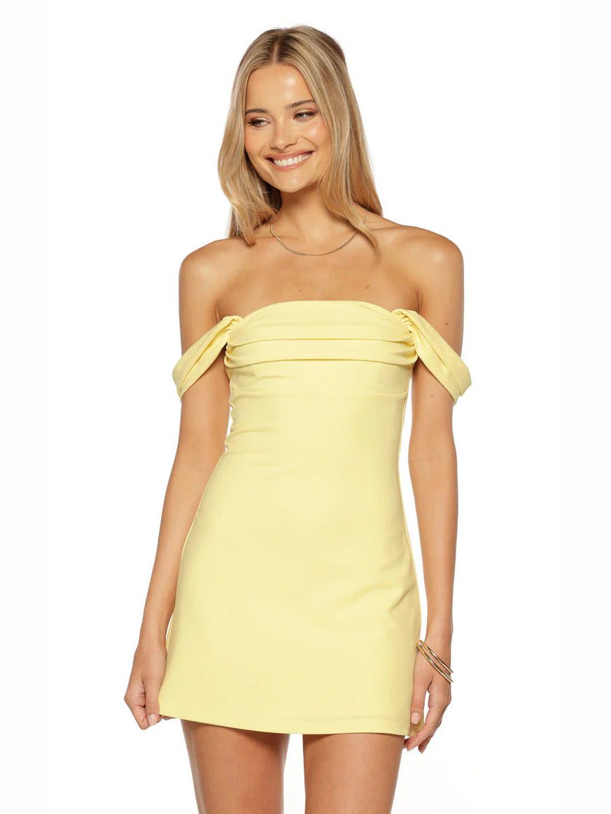 Yellow mini homecoming dress, alternate view showing the bodice and skirt