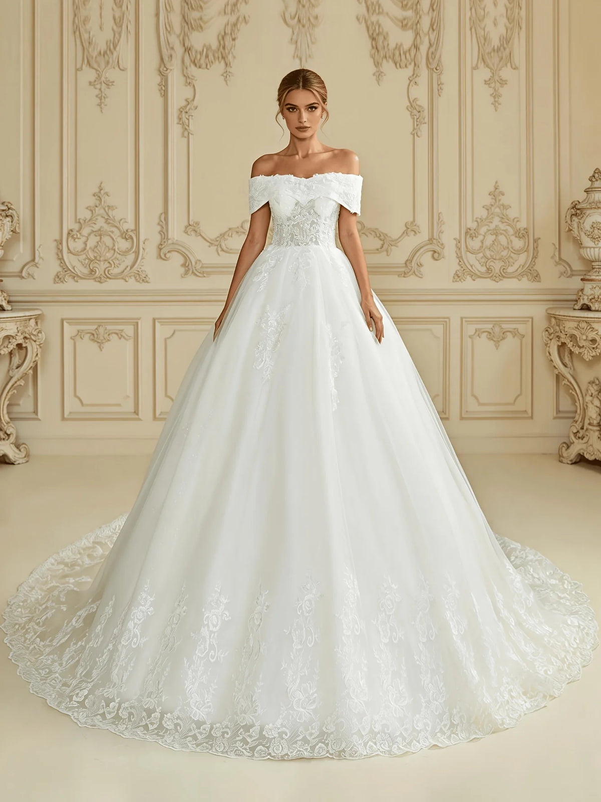 Ivory floor-length wedding dress, alternate view showing the bodice and skirt