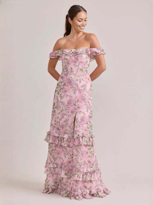 Pink Flower maxi prom dress, alternate view showing the bodice and skirt