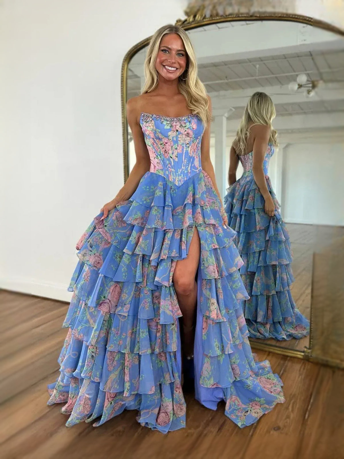 Blue floor-length prom dress, alternate view showing the bodice and skirt