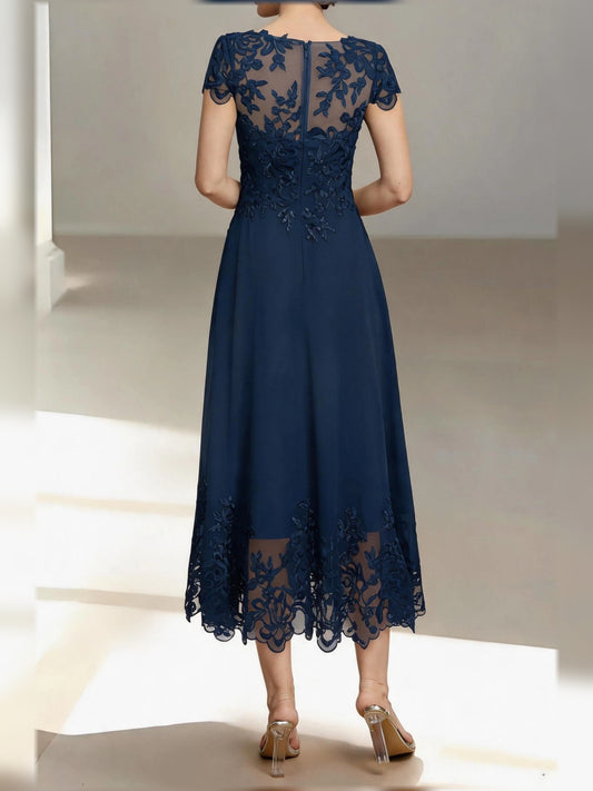 Dark Navy short mother of the bride dress, alternate view showing the bodice and skirt