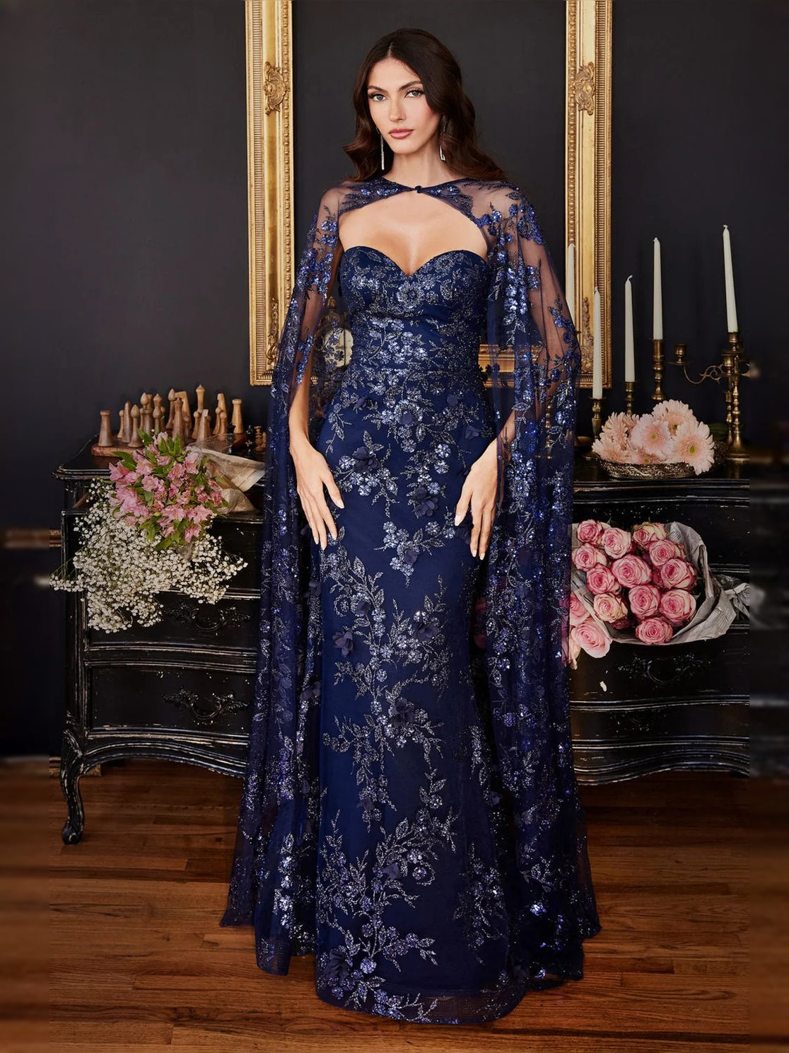 Navy Blue floor-length prom dress, alternate view showing the bodice and skirt