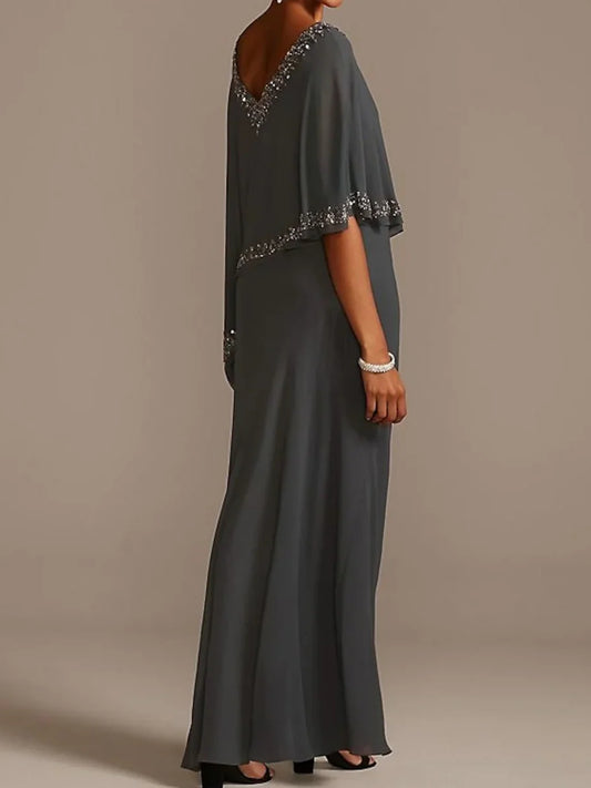 Gray maxi mother of the bride dress, alternate view showing the bodice and skirt