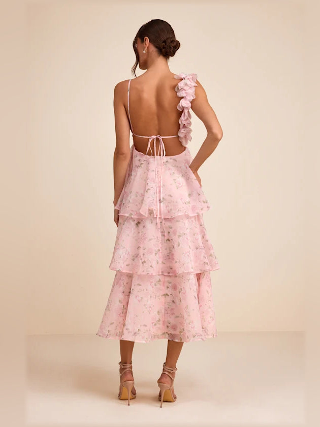 Light Pink Floral midi formal dress with tiered skirt, alternate view