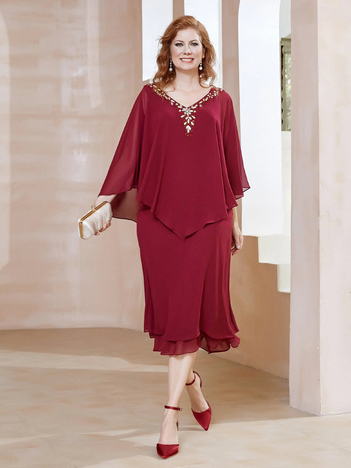 Burgundy midi mother of the bride dress, alternate view showing the bodice and skirt