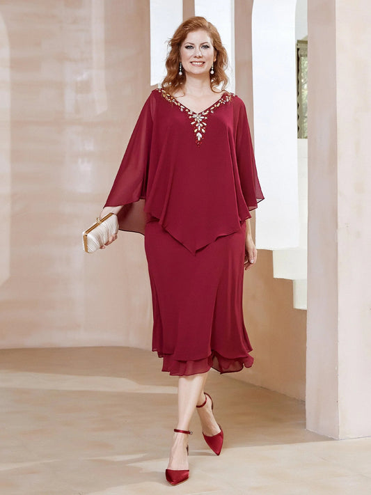 Burgundy midi mother of the bride dress, alternate view showing the bodice and skirt