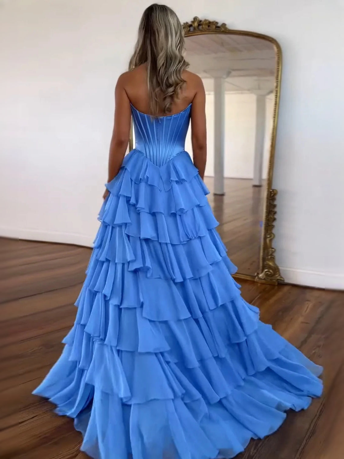 Blue floor-length prom dress, alternate view showing the bodice and skirt