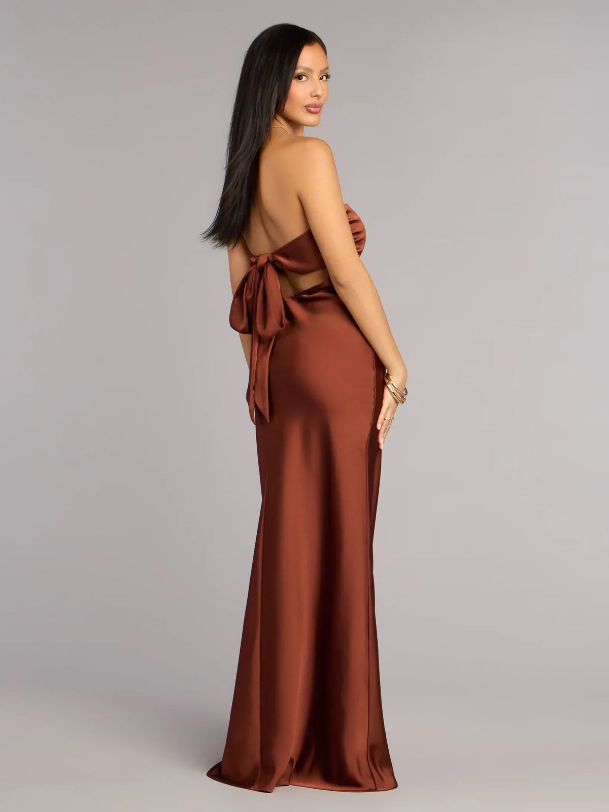 Brown sheath floor-length formal dress with strapless neckline, alternate view