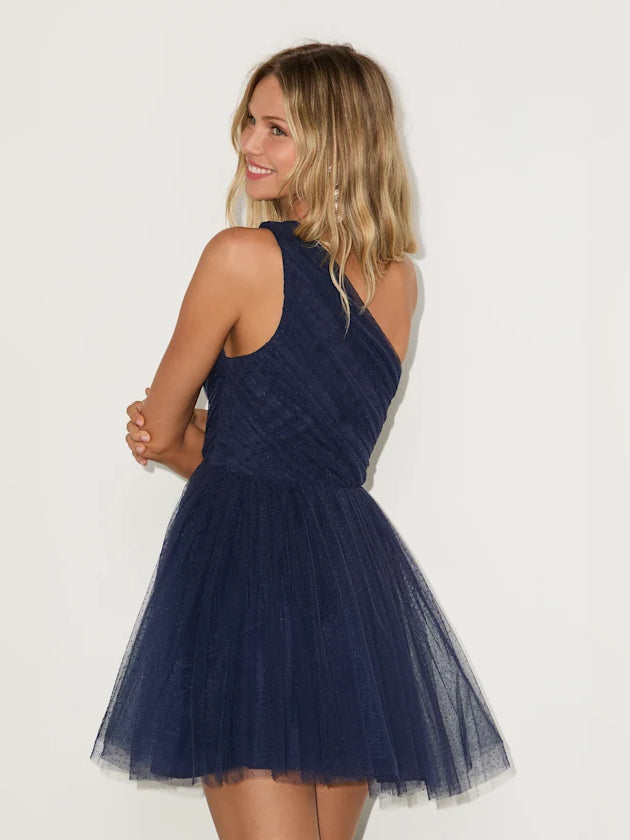 Navy mini homecoming dress, alternate view showing the bodice and skirt