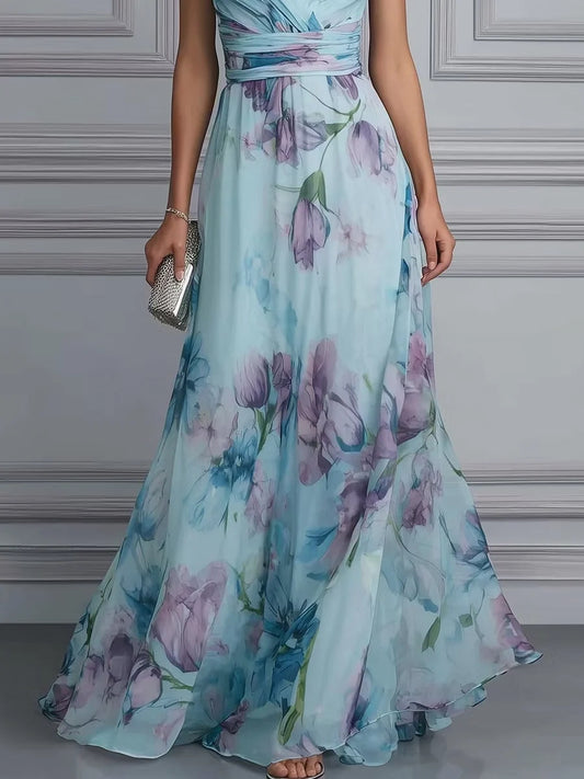 Blue maxi bridesmaid dress, alternate view showing the bodice and skirt