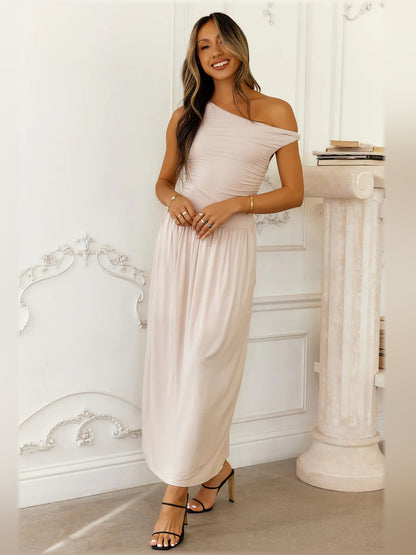 Sand midi formal dress with off-the-shoulder neckline, alternate view