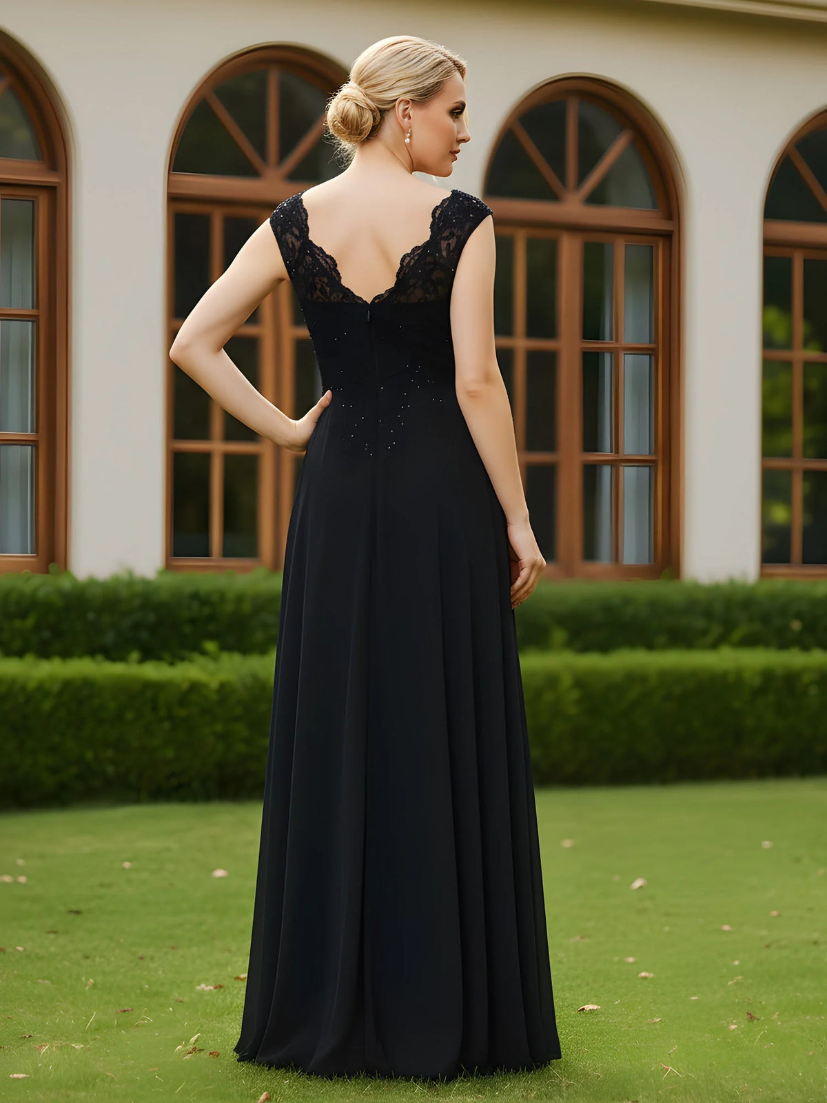 Black a-line floor-length formal dress with beading, alternate view