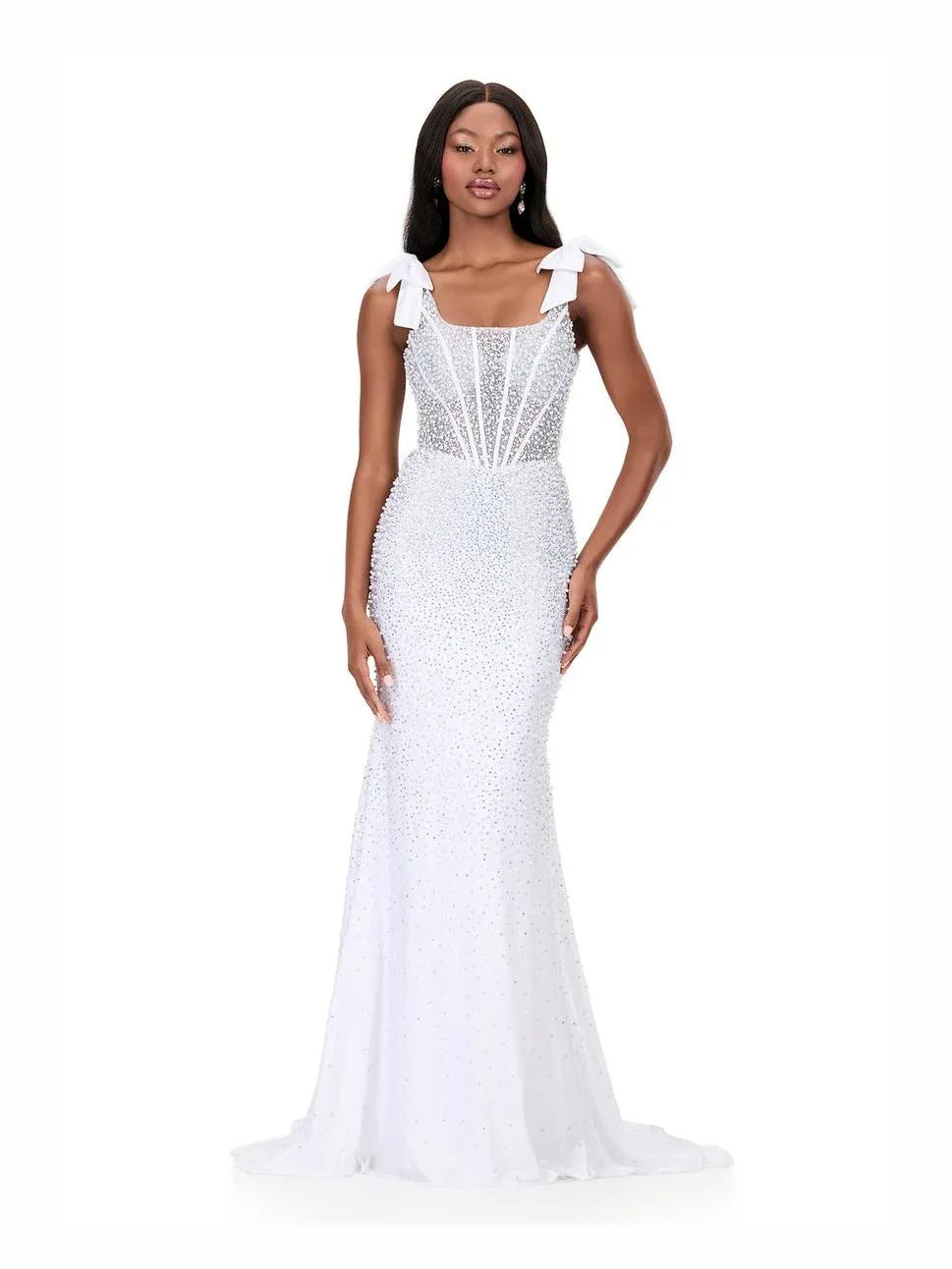 White floor-length prom dress, alternate view showing the bodice and skirt