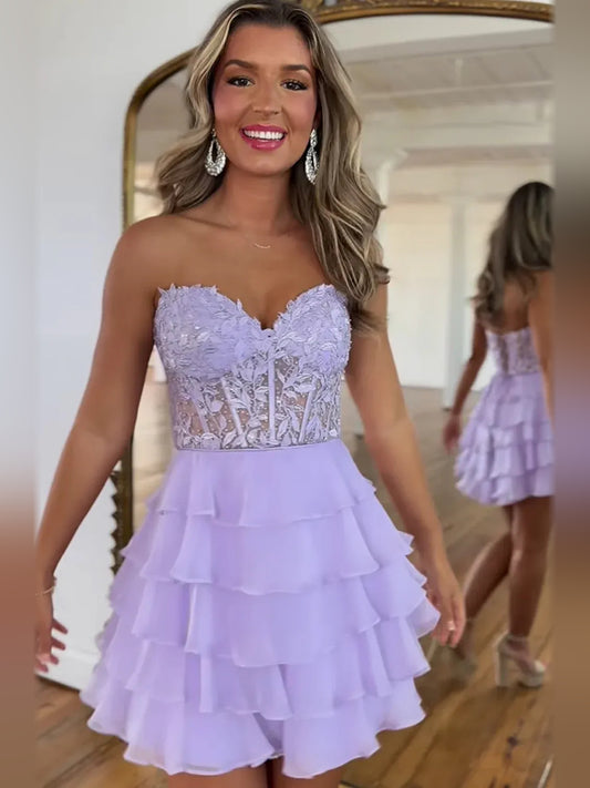 Lilac mini homecoming dress, back view showing the rear of the dress