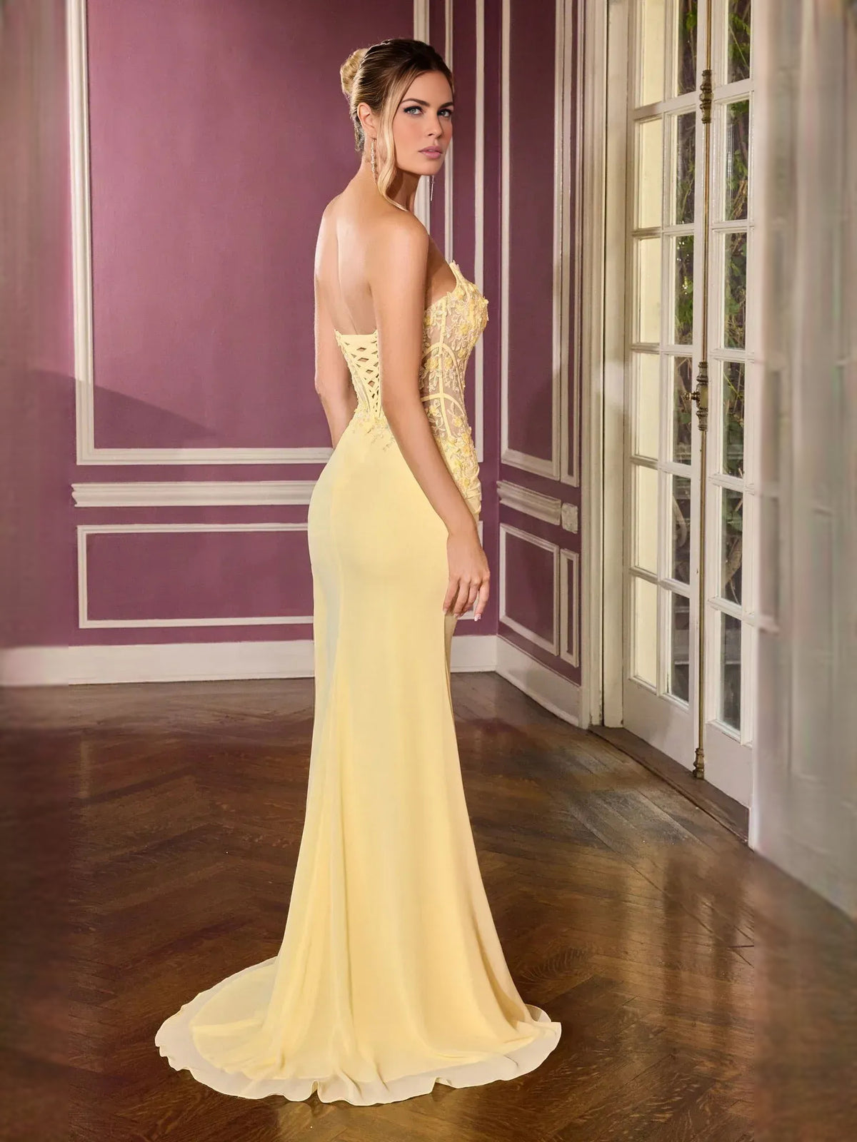 Pale Lemon mermaid floor-length formal dress with ruching, alternate view