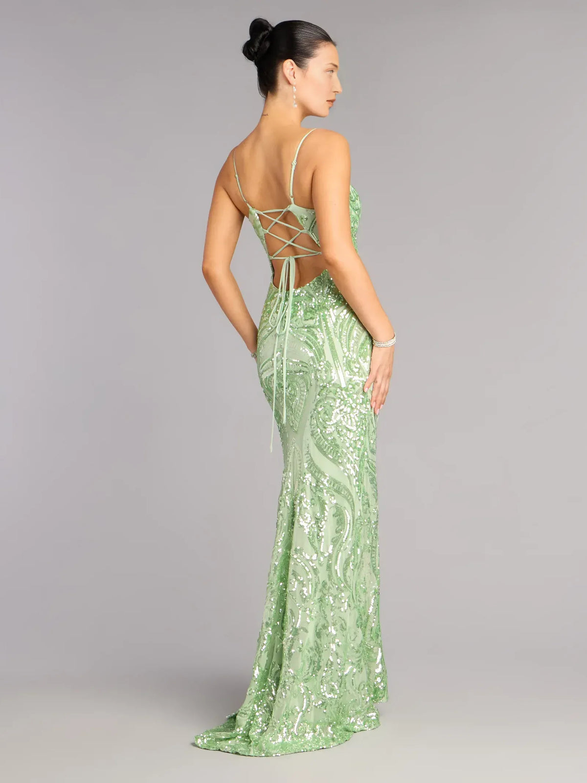 Sage Green floor-length prom dress, back view showing the rear of the dress
