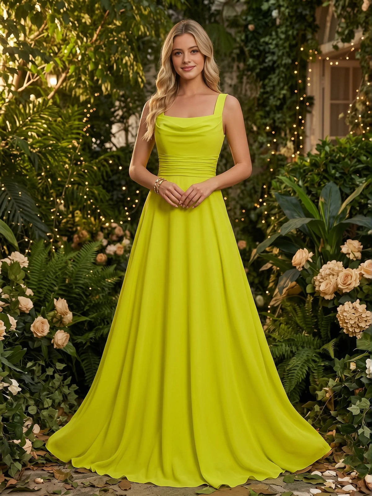 Neon Green floor-length bridesmaid dress, alternate view showing the bodice and skirt