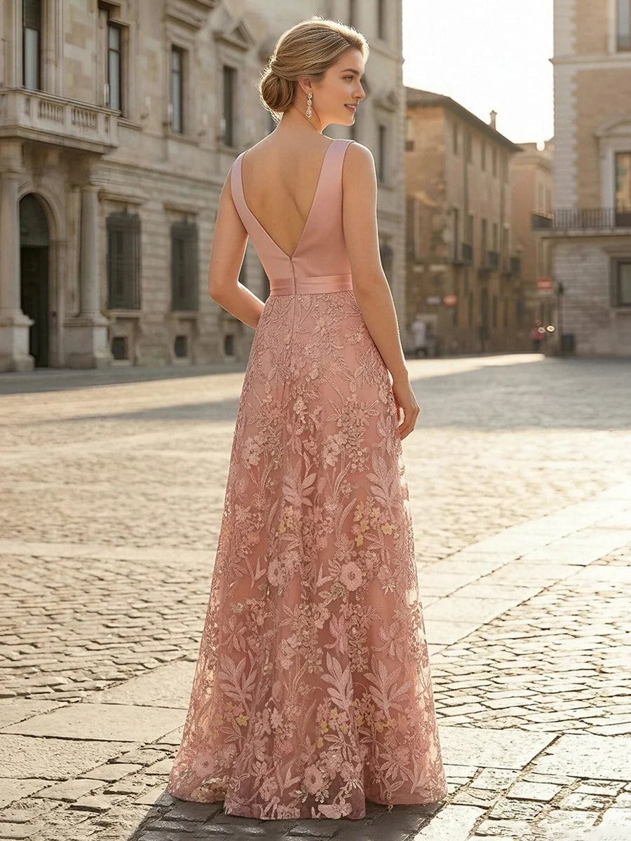 Blush Pink maxi mother of the bride dress, alternate view showing the bodice and skirt