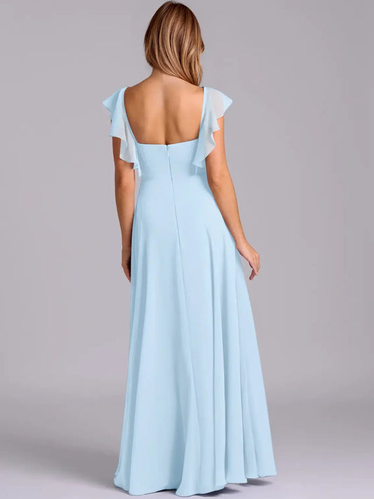 Light Blue maxi bridesmaid dress, alternate view showing the bodice and skirt
