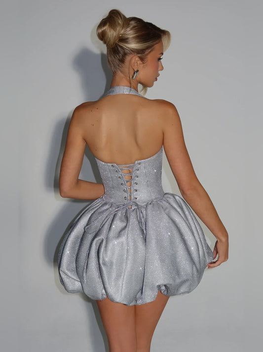 Silver mini homecoming dress, back view showing the rear of the dress