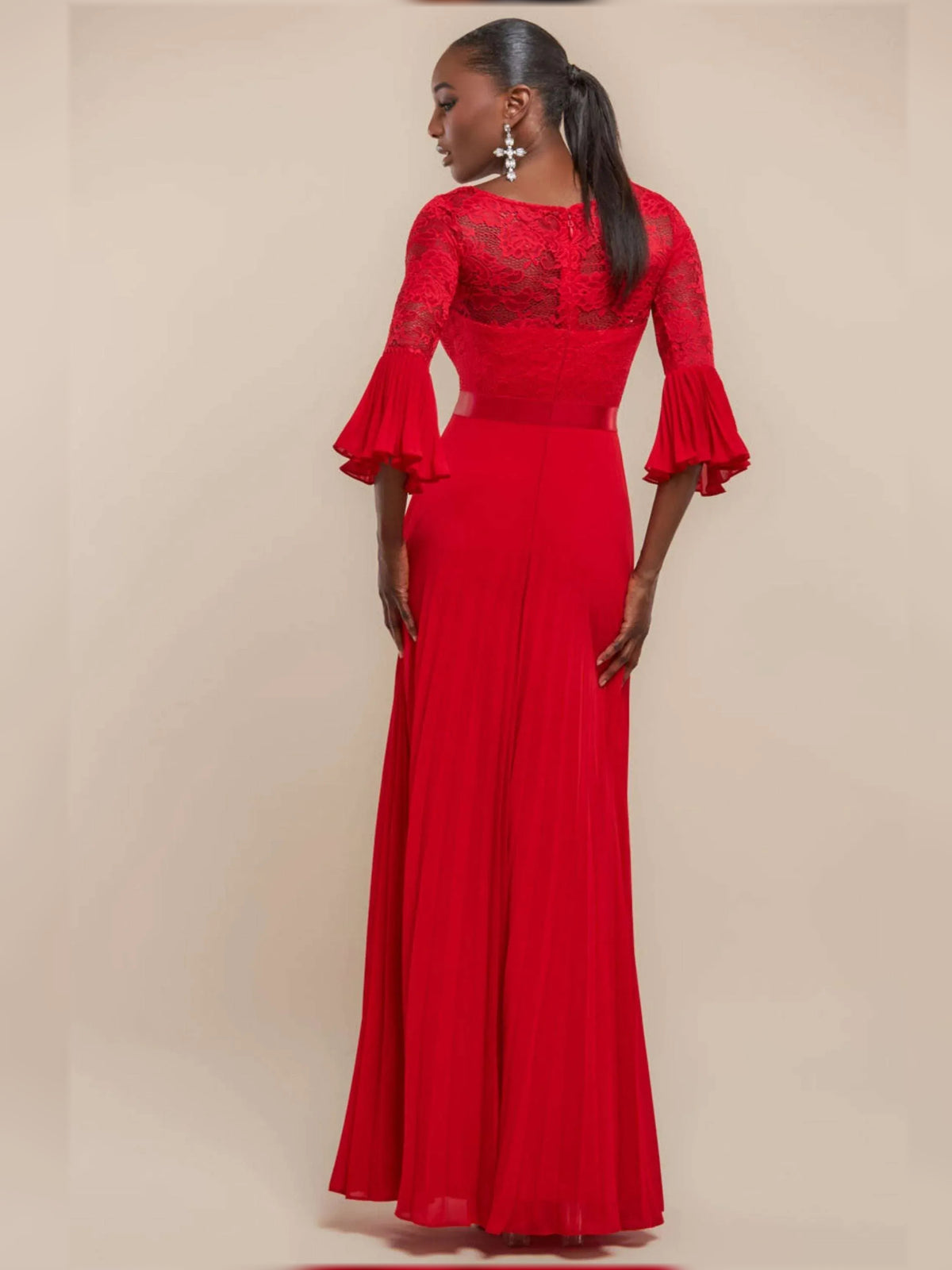 Red maxi mother of the bride dress, alternate view showing the bodice and skirt